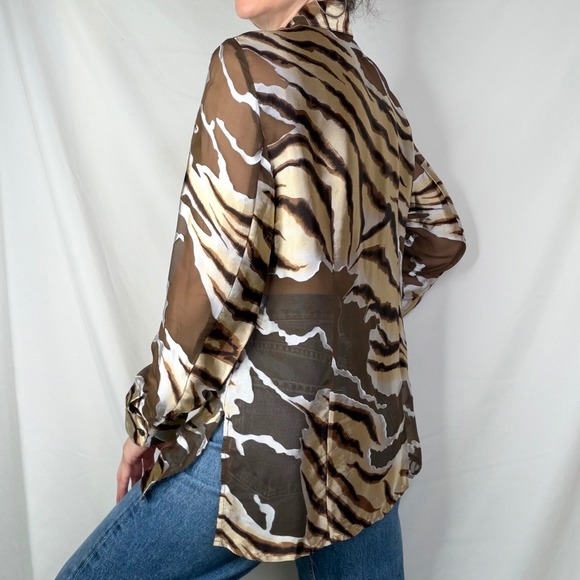 Sharon Young Tiger Zebra Silk Sheer Button Down Blouse Animal Print Brown M - Picture 3 of 14